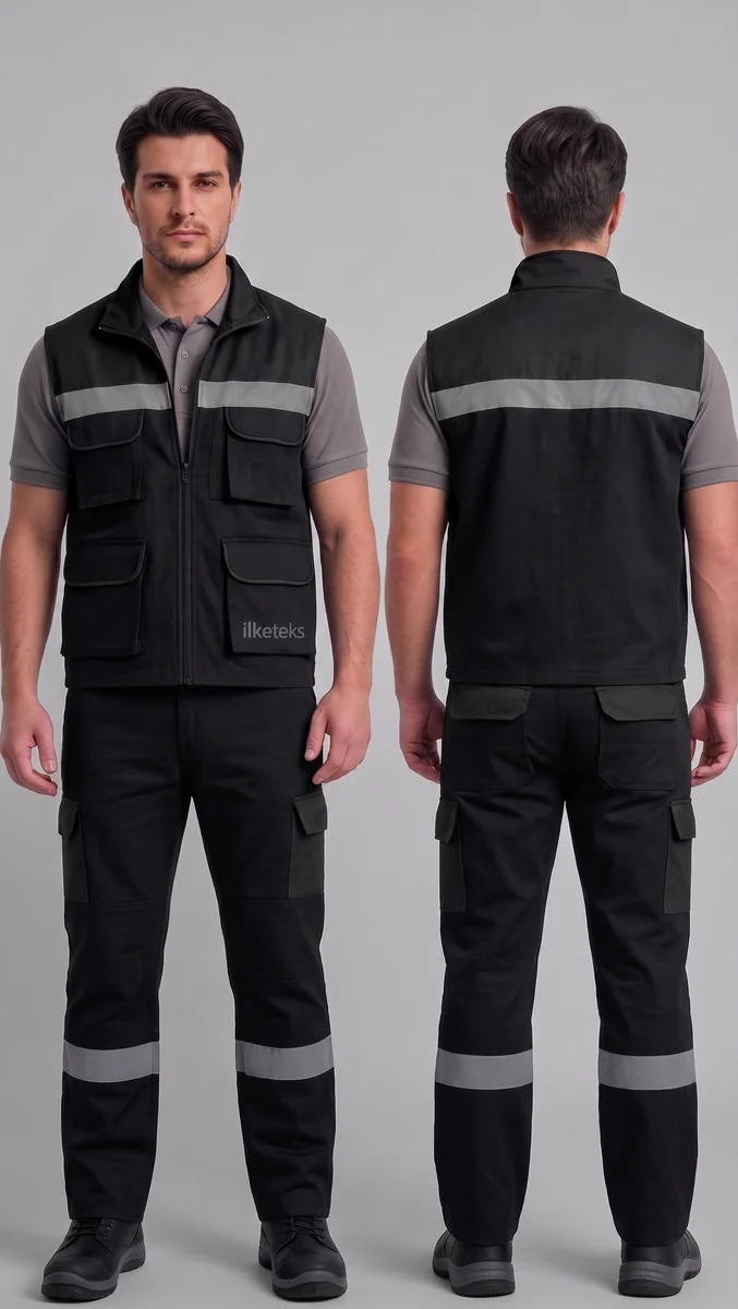 Gri Reflektörlü İş Takımı — İlketeks Denizli üretimi, logo baskı ve nakışa hazır