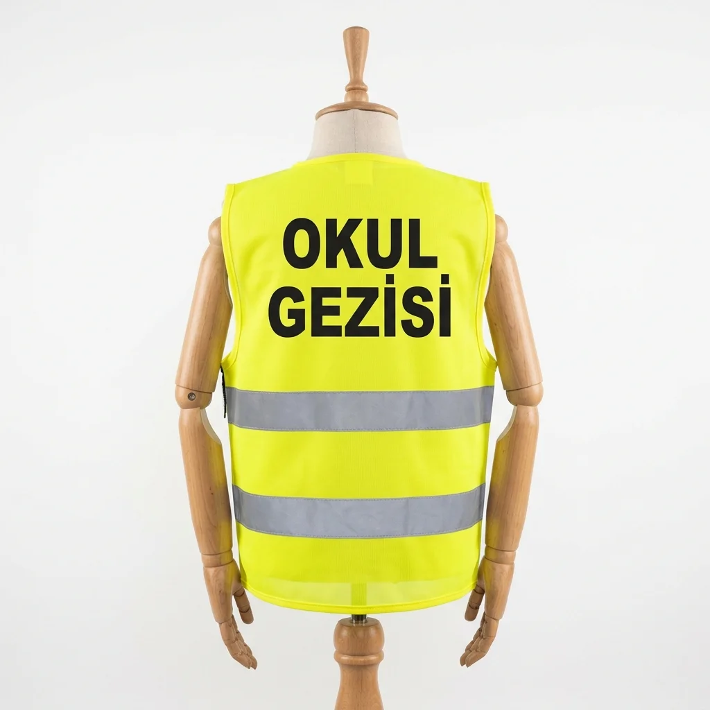 Sırtına okul gezisi baskısı yapılmış sarı ikaz yeleği — İlketeks Denizli toptan üretim