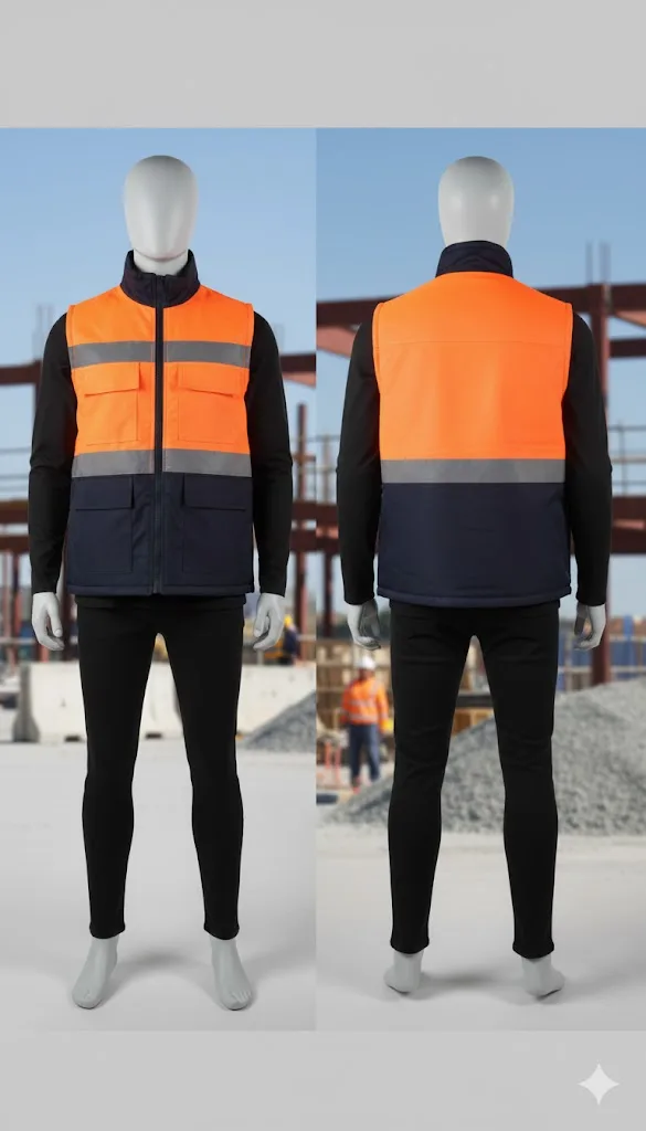 Reflektörlü İş Yeleği — turuncu reflektörlü yelek — saha kullanımı, model üzerinde, İlketeks Denizli üretimi