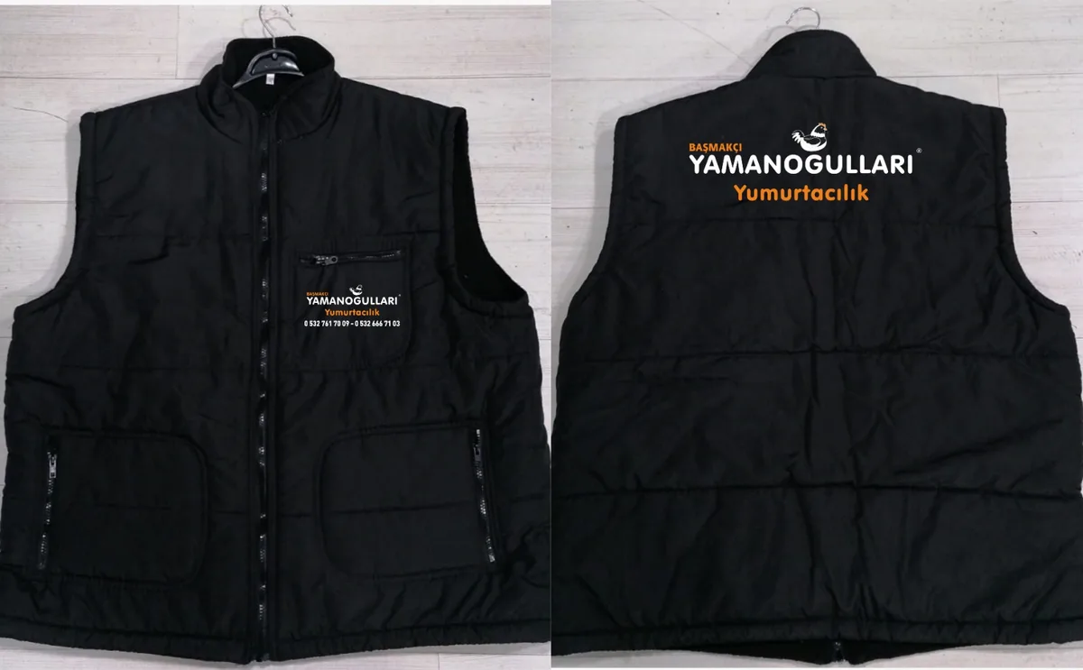 Yamanoğulları Yumurtacılık için üretilen logolu kapitone iş yeleği — İlketeks Denizli