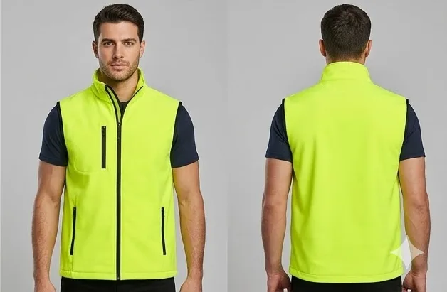 İş Yeleği — neon sarı softshell yelek — model üzerinde, İlketeks Denizli üretimi